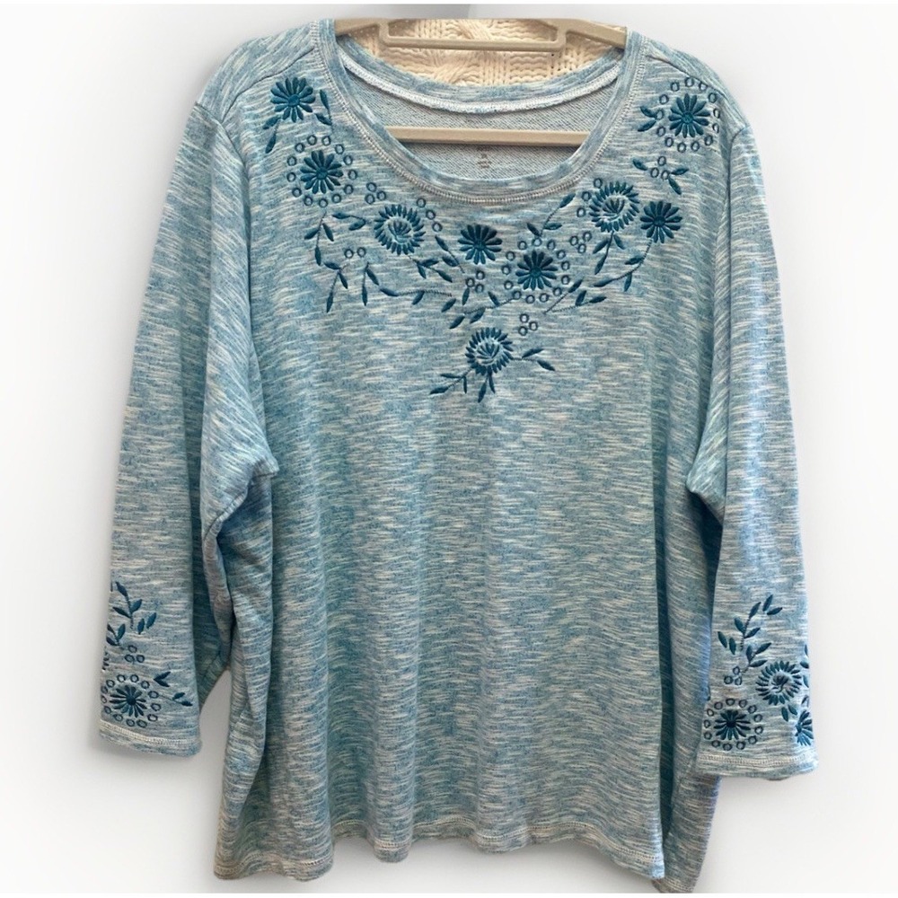 Woman‎ Within Sweatshirt Floral Embroidered Teal Marled 30/32